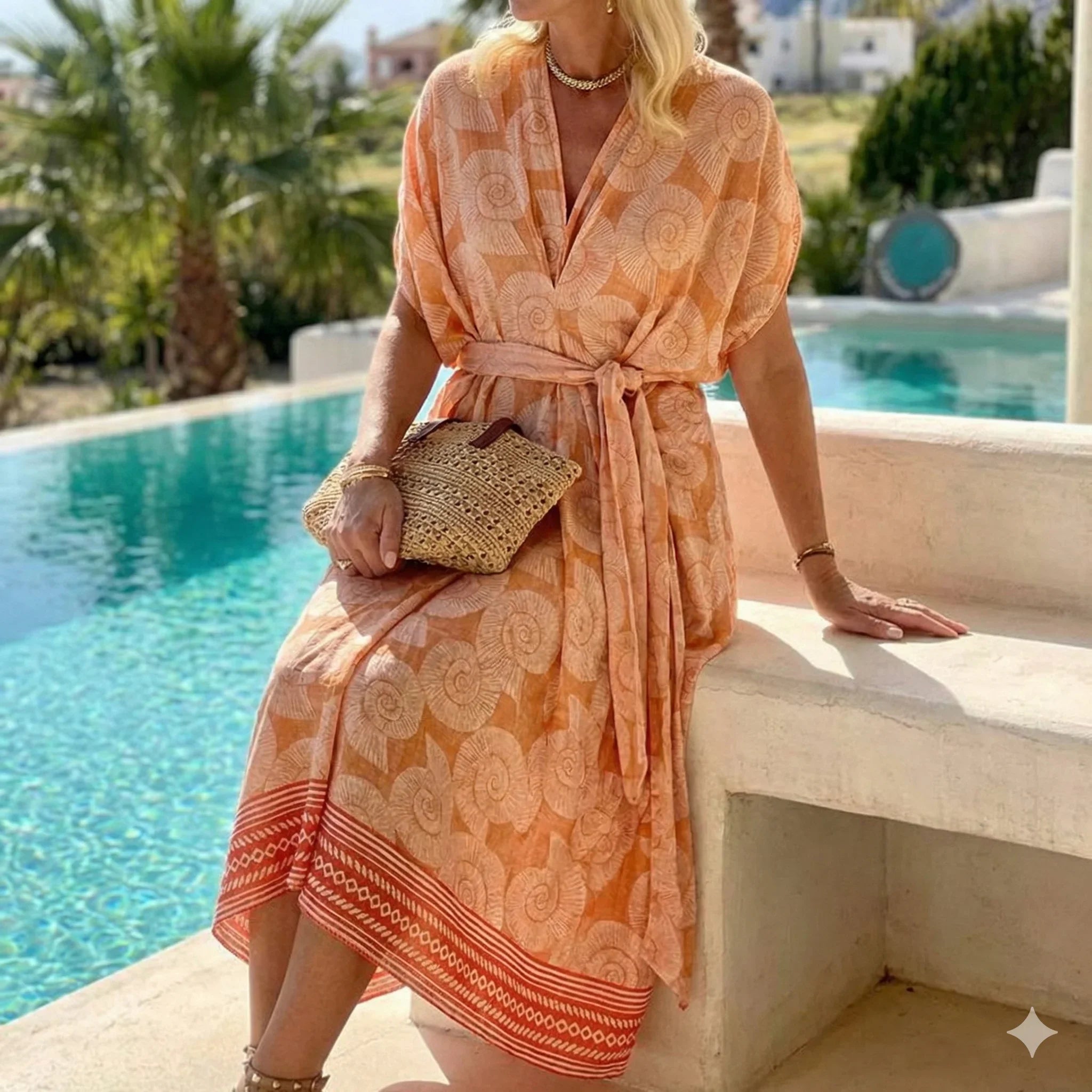 Women's Kaftan Midi Dress - V-Neck - Adjustable Waist Belt - Flowing Loose Fit