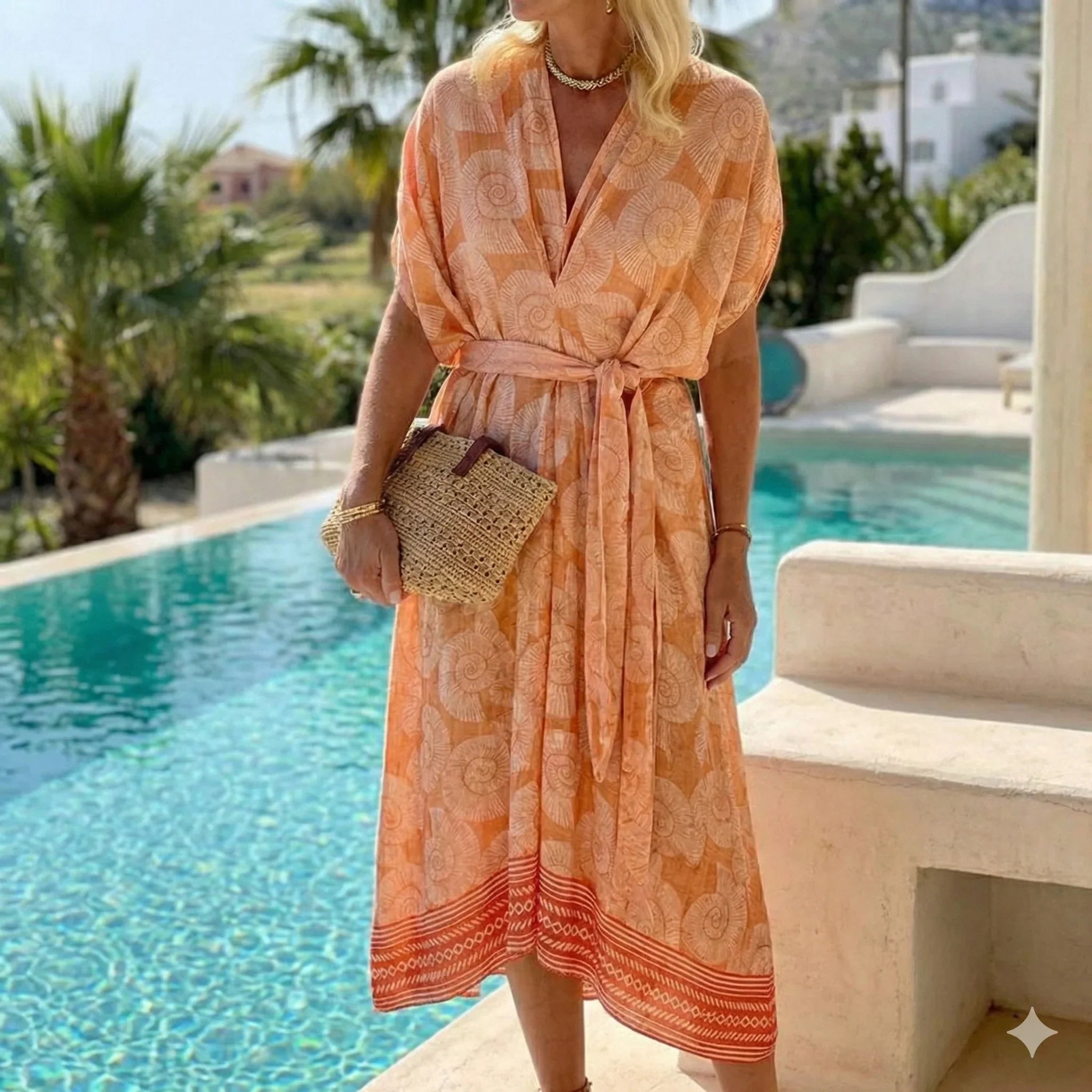 Women's Kaftan Midi Dress - V-Neck - Adjustable Waist Belt - Flowing Loose Fit