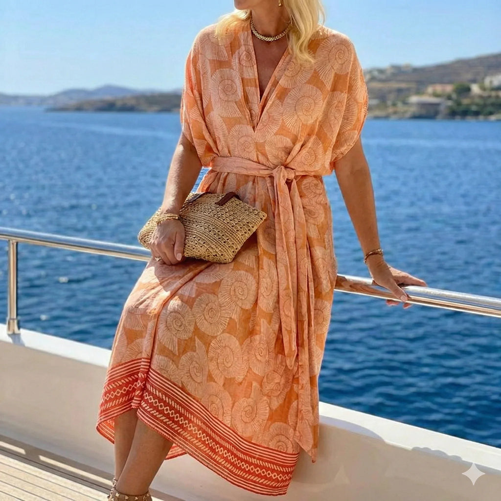Women's Kaftan Midi Dress - V-Neck - Adjustable Waist Belt - Flowing Loose Fit