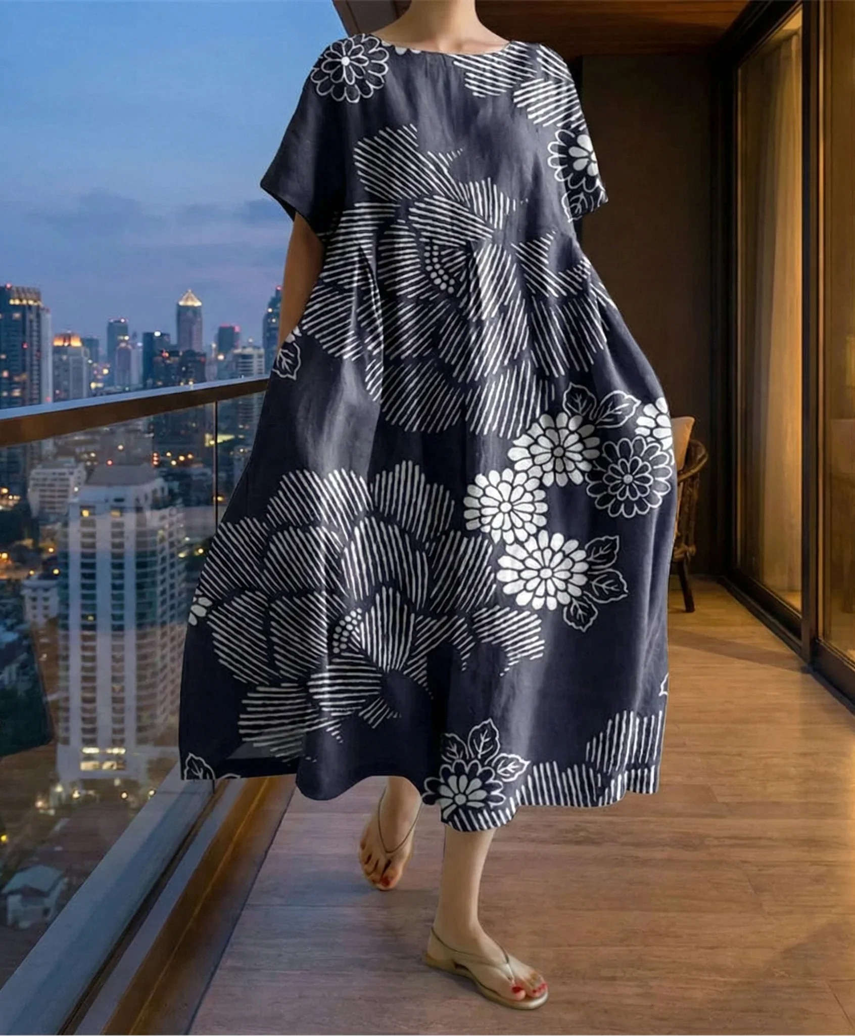 Rêve de Fleurs - Women’s Floral Flowing Kaftan Relaxed Fit Midi Dress