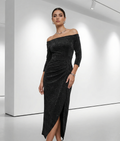 Women’s Off-Shoulder Midi Dress With Ruched Side Detail And Front Slit