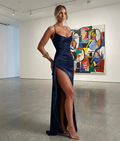 Women’s Navy Blue Evening Maxi Dress – Spaghetti Strap, High Slit, Ruched Waist